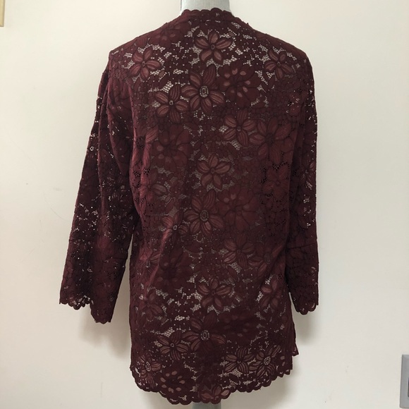 Zara lace tunic top burgundy maroon with flared bell sleeves, semi sheer - Picture 3 of 5